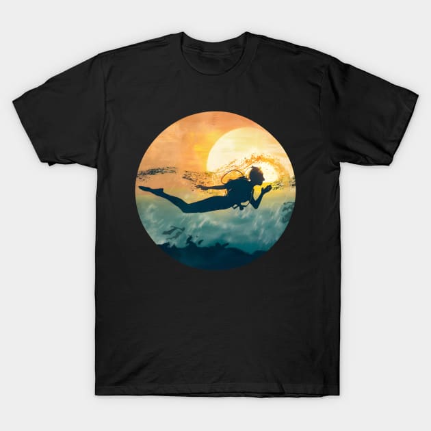 Scuba Diving Retro Sun Set Lovers Men Women Divers T-Shirt by AimArtStudio